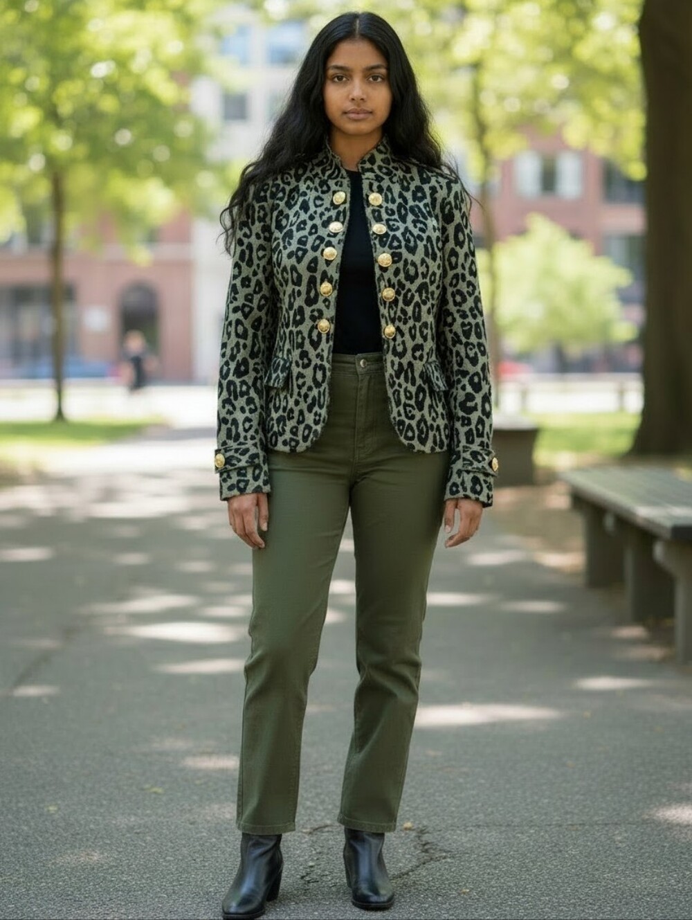 Derek Lam Brigitte Band Jacket Blazer Womens Size 2 Leppard Olive Green Black